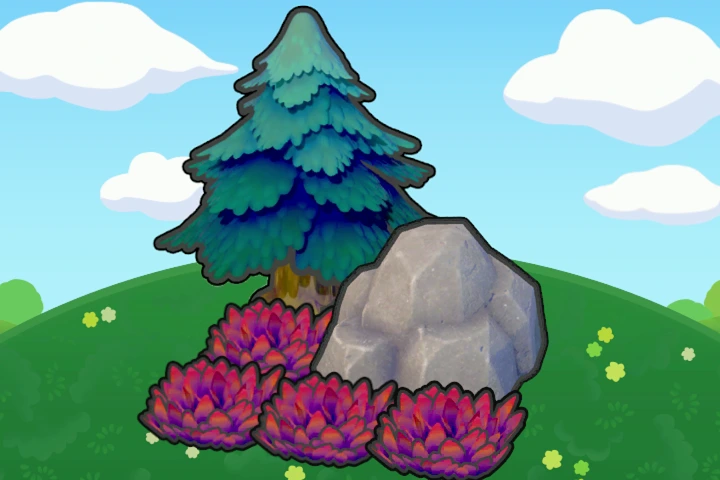 Pointy tree-shaded rocky tall grass